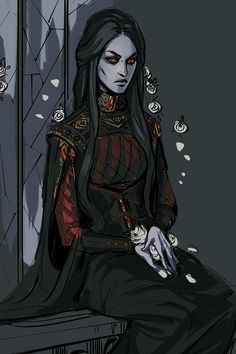 the image showcases a woman with pale skin and long black hair, dressed in an elaborate red and black gown, indicative of royalty. she sits upon a stone throne, her posture suggesting sadness or contemplation. white flowers, possibly wilting, are scattered around her, adding to the melancholic atmosphere. the setting is dark and somber, lit only by a faint, almost ethereal light that illuminates the woman and her throne. the overall impression is one of gothic elegance and quiet sorrow.