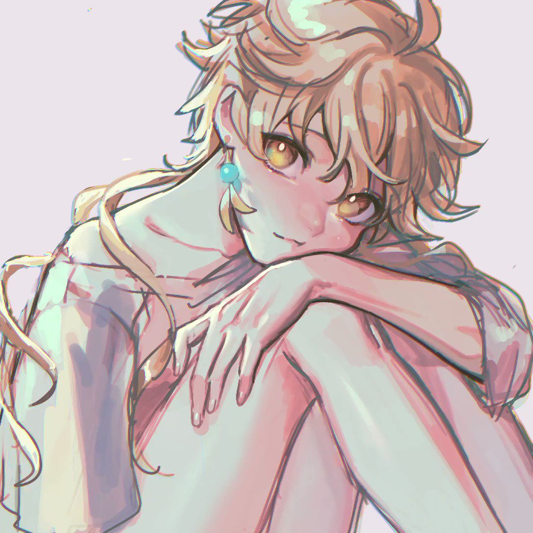 a digital painting of a young anime girl with blonde hair and blue eyes. she is smiling gently and has her arms wrapped around her legs. she has a blue and yellow earring. the artwork is done in pastel colors and has a soft, gentle feel.