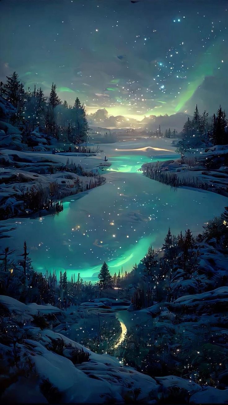 an artistic rendition of a winter landscape featuring a winding river under the aurora borealis. snow covers the ground and trees line the riverbanks. stars illuminate the night sky, creating a peaceful and scenic atmosphere.