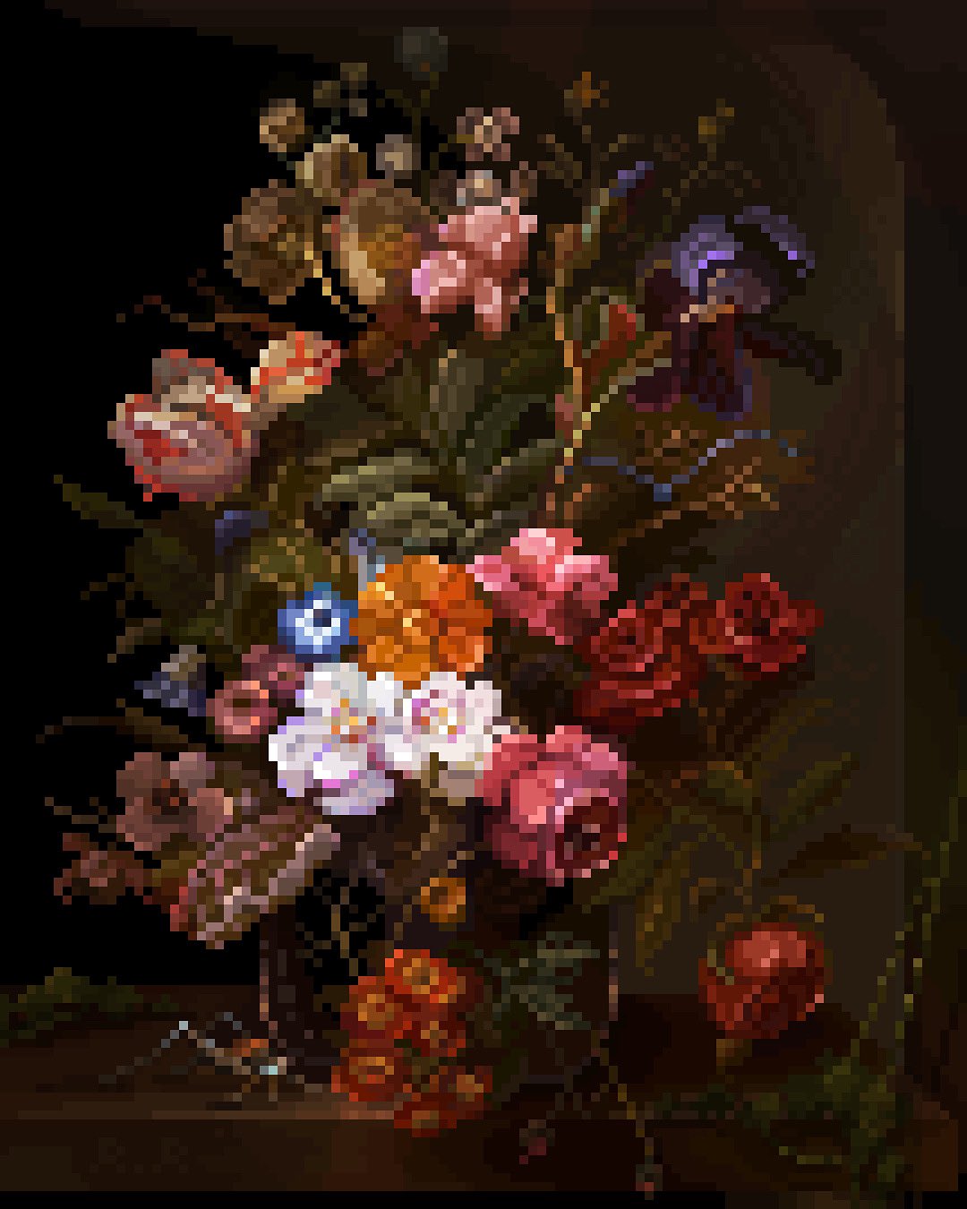 the image is a pixel art rendition of a classic baroquestyle still life painting. it depicts a lush bouquet of various flowers arranged in a dark vase.  the flowers include roses (various shades of red), tulips (pink and white), irises (purple), orchids (white), and other blossoms in shades of orange, pink, and red. the background is dark, emphasizing the vibrant colors and intricate details of the floral arrangement. the style mimics the rich textures and shading techniques often seen in 17thcentury dutch masters paintings, but with the distinct, blocky aesthetic of pixel art. a small insect is visible near the vase's base, further adding to the realism and detail. the overall effect is a striking blend of oldmaster style and modern digital art.