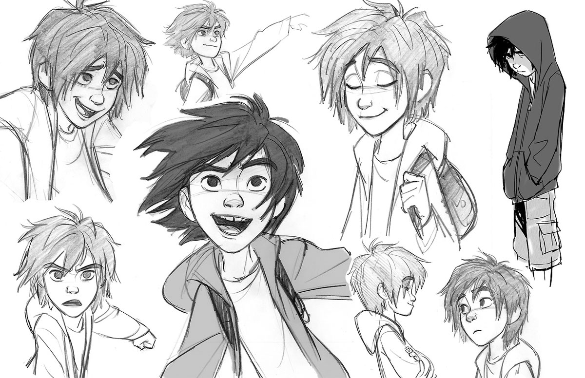 this is a page of character design sketches, likely for animation, featuring the character hiro hamada from disney's big hero 6. he is shown in a variety of poses and expressions, giving a sense of his personality and range of emotions. the sketches focus on his facial features and body language. the style is loose and expressive, typical of early concept art.