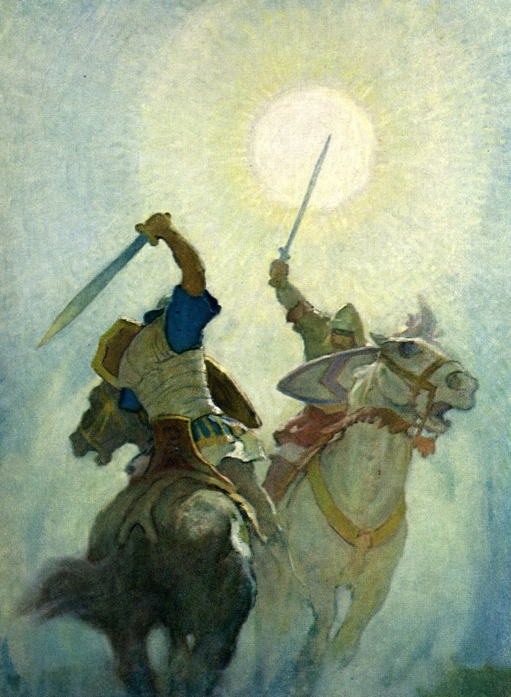 the image is a dynamic painting of two knights on horseback, charging into battle. they are silhouetted against a bright sun, which creates a dramatic backlight and emphasizes their powerful forms. the knight on the left raises his sword in a powerful swing, while the other holds his sword aloft. both wear armor and ride with determination. the scene is rendered in a style reminiscent of classic illustration, with a sense of movement and action. the overall palette is muted, with blues, browns, and yellows dominating, creating a sense of both energy and solemnity.