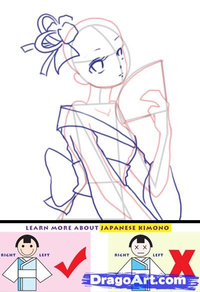 this image shows a line drawing of an anime girl in a kimono. she is holding a fan in her right hand and has her left arm bent, resting near her waist. she has her hair in a bun with a bow, and her eyes are open and looking towards the right side of the picture. below the picture are two simple drawings of people in kimonos. the drawing on the left side shows a correct kimono, and the drawing on the right side shows an incorrect kimono.