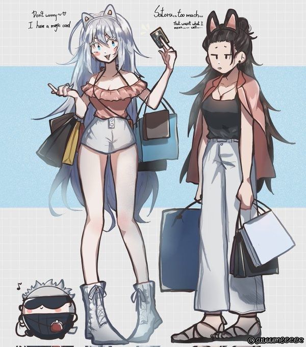 he image is an animestyle illustration featuring two girls engaged in shopping.  one girl has long white hair with cat ears and is holding a credit card.  she's wearing a pink top and white shorts and carrying several shopping bags.  the other girl has dark hair styled in a bun, also with catlike ears, and is wearing a red cardigan and lightcolored pants.  she's also carrying shopping bags.  a small, chibilike character resembling a masked animal is at the bottom left.  the overall style is lighthearted and cute.  speech bubbles indicate conversation, possibly about the shopping spree.