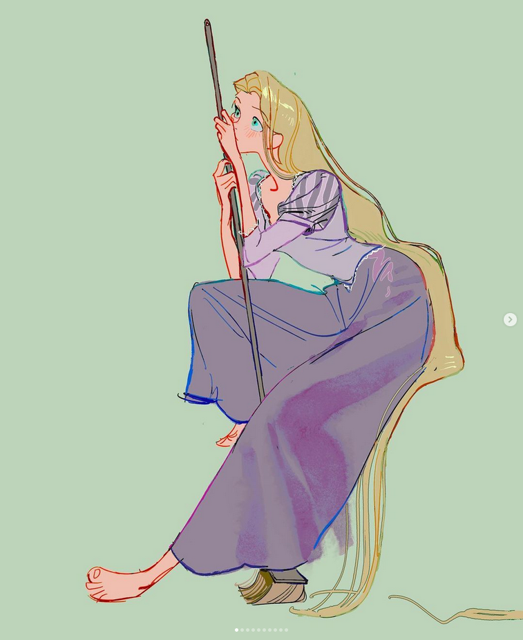 a cartoon illustration of a woman with long blonde hair sitting on a broom. she is wearing purple pants and a striped shirt. she is looking up and to the right with a slight smile. the illustration is done in a cartoon style with bright colors and bold lines.