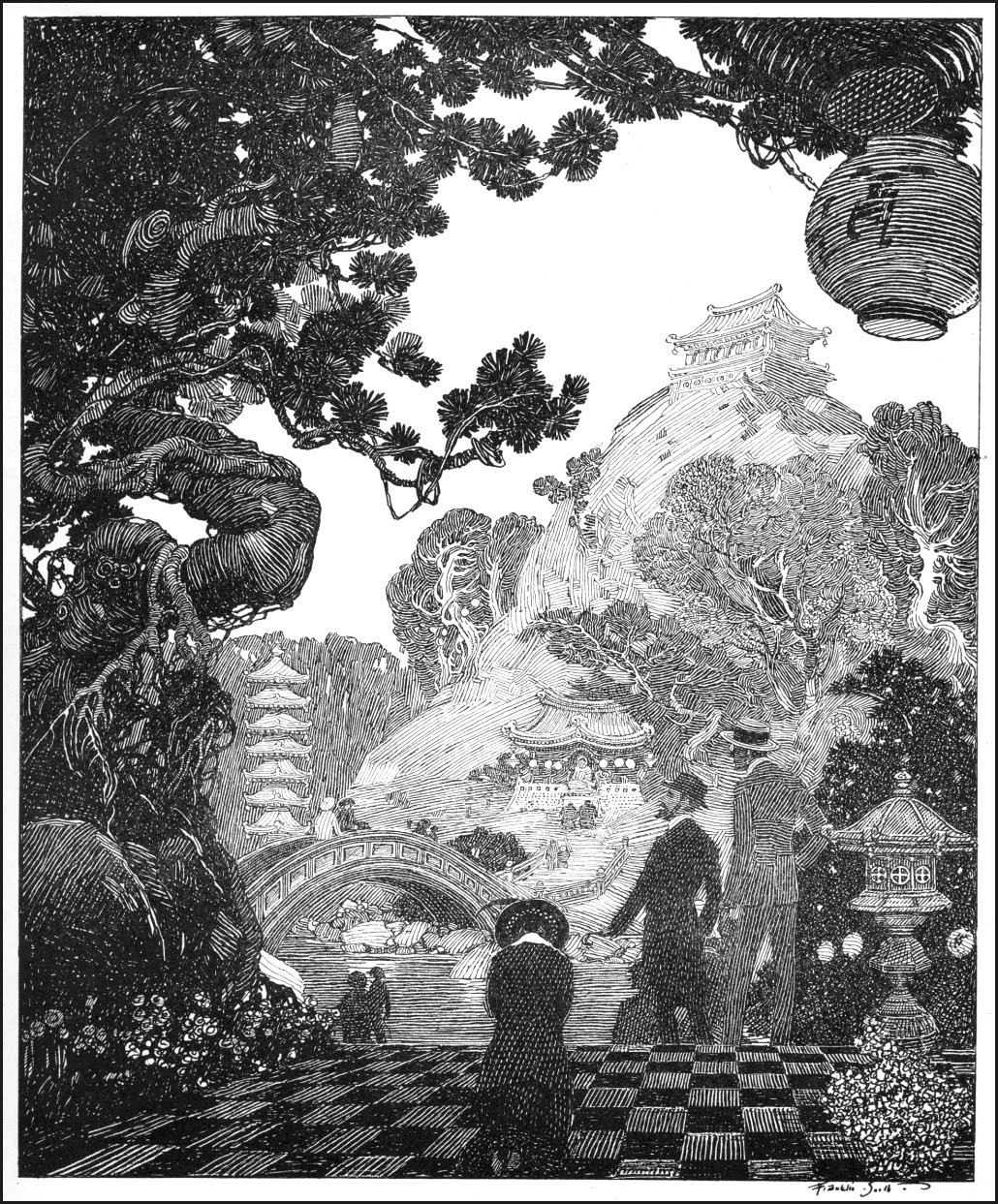 the image is a black and white wood engraving illustration depicting a serene japanese garden scene. the artwork is highly detailed, showcasing various elements of japanese architecture and nature. in the foreground, two figures are standing, seemingly gazing at a beautiful garden scene, while a third smaller figure is in front. the background shows an arched bridge spanning a body of water, which leads to a hill dotted with pagodas and temples, creating a sense of depth and distance. lush trees with detailed foliage frame the scene, and large ornate japanese lanterns add to the ambiance. the overall style evokes a classic and traditional representation of japan, with careful attention given to the texture and detail of the elements. the use of light and shadow in the engraving adds a sense of depth and threedimensionality to the composition. the scene is calm and peaceful, suggesting a moment of quiet contemplation in a beautifully crafted garden.