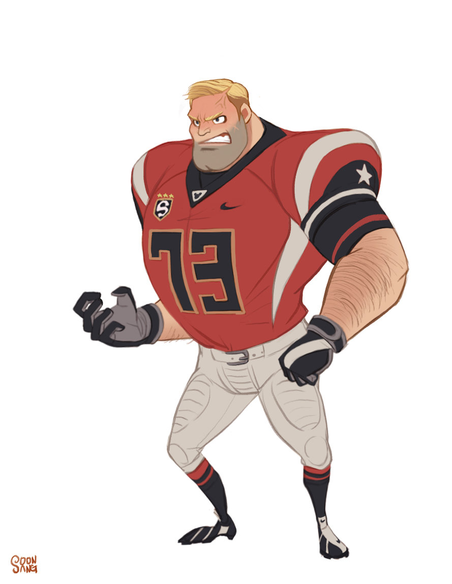 the illustration features an aggressivelooking, cartoonstyled football player set against a white background. the player, depicted as a large, blonde man, wears a red and white uniform with the number 73 prominently displayed. his expression is one of intense anger, further emphasized by his clenched fists. the use of soft lighting and a slightly low perspective adds to his imposing presence.