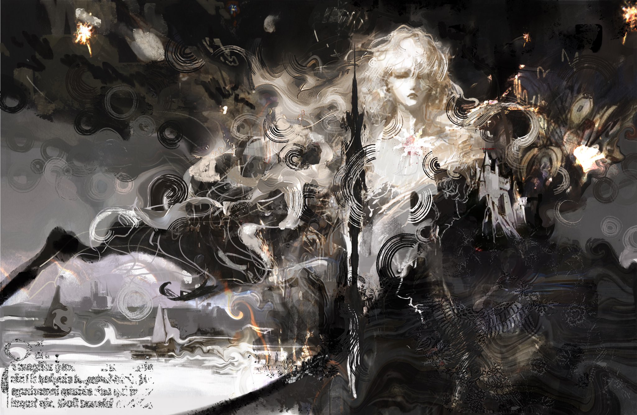 the artwork depicts a ghostly figure, a woman with long, flowing white hair, emerging from a swirl of black and white smoke and fire. her expression is sorrowful. she appears to be fading or dissolving into the abstract background. the scene is dark and dramatic, with a limited grayscale palette that enhances the ethereal and somewhat melancholic atmosphere.