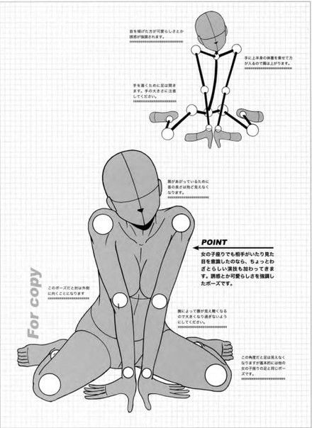 this is a drawing tutorial for drawing a sitting anime girl. the image shows the steps of how to draw a sitting anime girl from a stick figure to a more detailed drawing.  the tutorial includes instructions on how to draw the body, head, and face. the tutorial is written in japanese.