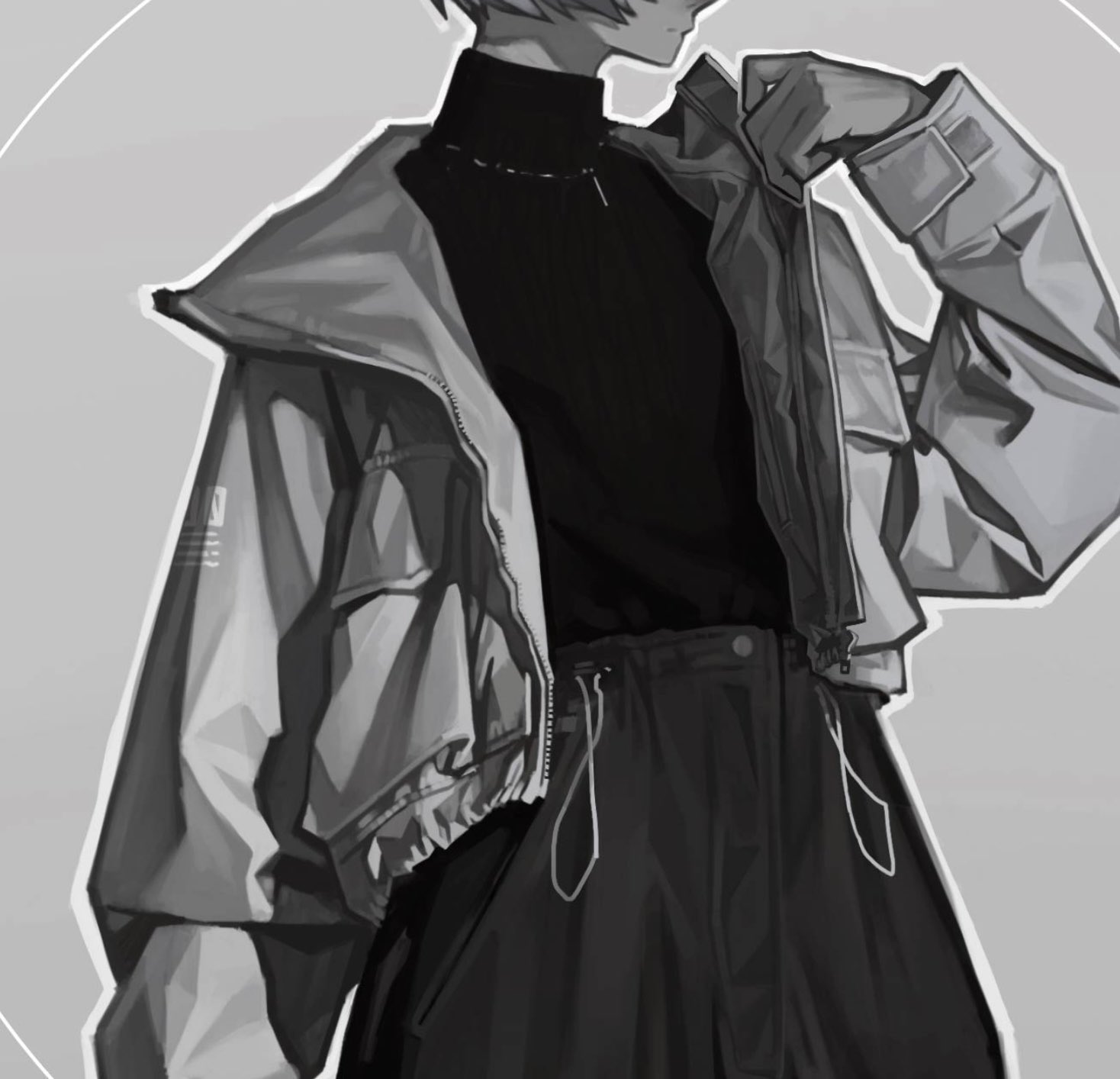 the image is a stylized monochrome digital painting or illustration depicting an animestyle female character. she is wearing an oversized, lightgrey jacket with a high, black turtleneck and loose, dark grey pants with drawstrings. the art style is minimalist and focuses on the clothing's texture and folds, with soft shading and highlights to create depth.  the background is a simple, light grey. the overall mood is elegant and stylish.