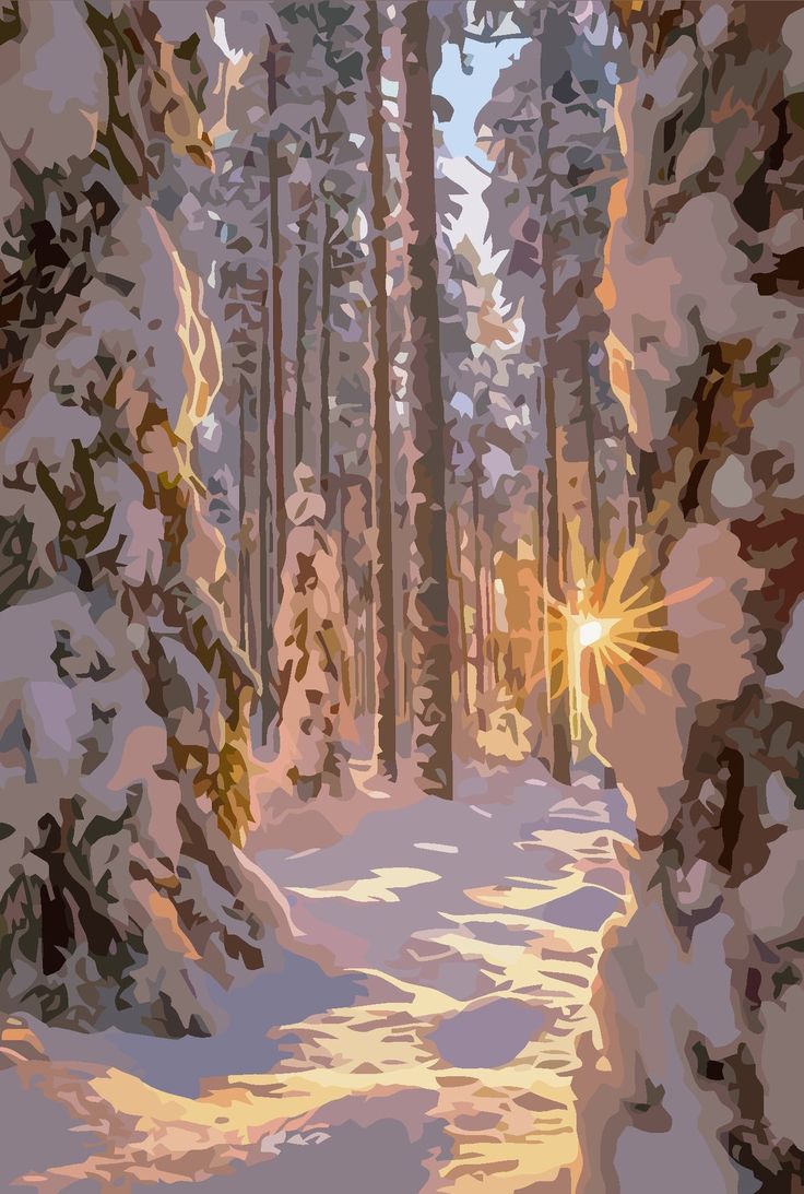 a digital painting illustrates a winter forest scene with snowcovered trees lining a path. sunlight streams through the trees, creating a warm glow on the snow.