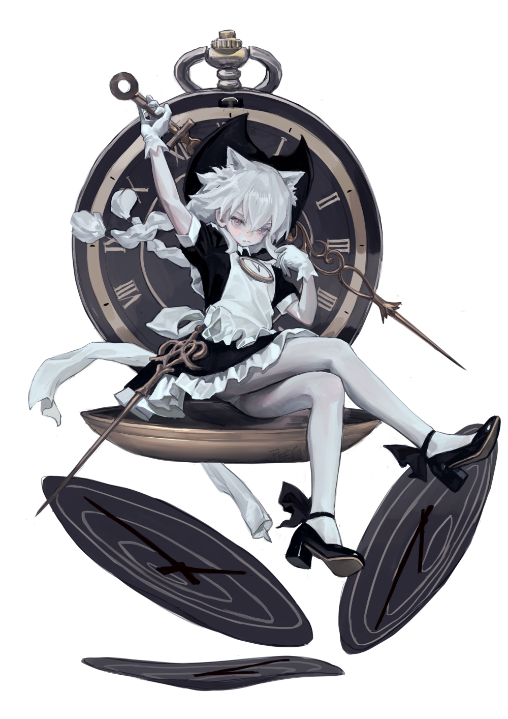 an anime girl with cat ears dressed in a maid uniform and wearing gloves and heels sits atop a clock. she holds a key up in the air with her right hand. the clock is also sitting on clock hands.