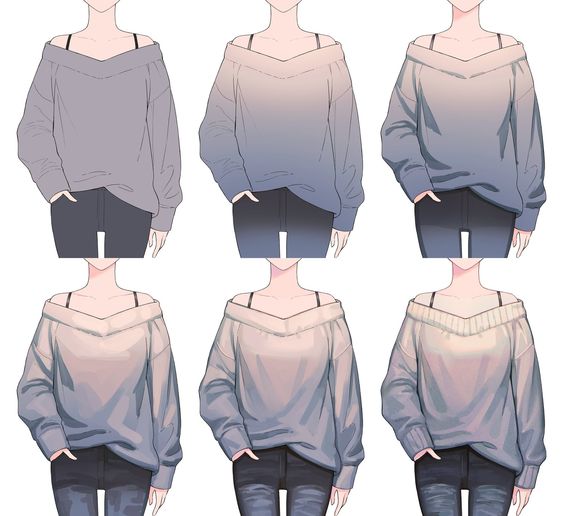 the image displays six variations of an offtheshoulder sweater on a female figure. each sweater is styled identically, showcasing a relaxed fit and dropped shoulders. the variations highlight different shading and texture techniques, demonstrating the impact of lighting and fabric choice on the garment's appearance.