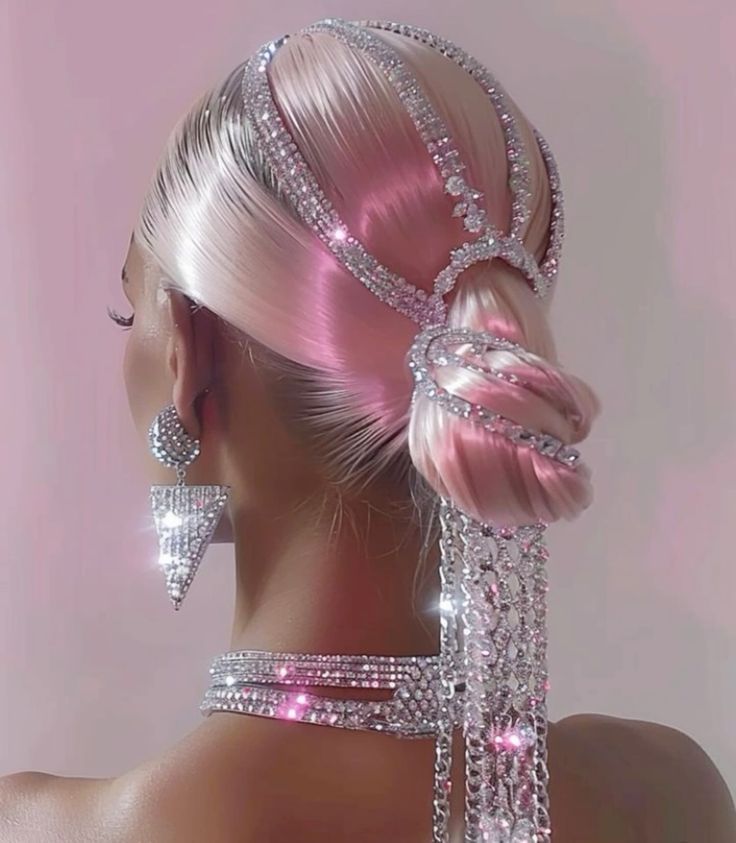 a woman with pink and blonde hair is wearing a diamond studded hair accessory. the hair accessory is a headband with strands of diamonds that hang down her back. she also has diamond earrings and a diamond choker. the photo is taken from behind and shows off her beautiful hair and jewelry. the lighting is soft and creates a glamorous atmosphere. the woman looks stunning and elegant.
