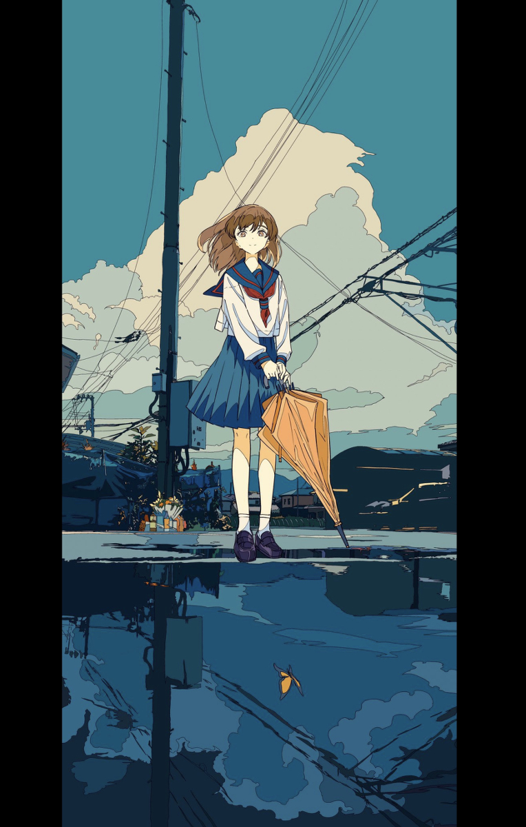 the image is a digital illustration of an anime schoolgirl standing on a rainslicked street at dusk. she's wearing a classic sailor uniform and holding an orange umbrella. the scene is melancholic, with a reflective puddle mirroring the cityscape and the girl's lonely posture. power lines crisscross the background, creating a network of lines that emphasize the quiet atmosphere of the scene. the color palette is primarily blues and teals, with touches of orange in the umbrella and the setting sun, giving it a calm and serene yet slightly sad tone. the art style is sharp and detailed, with a focus on line work and color contrast.