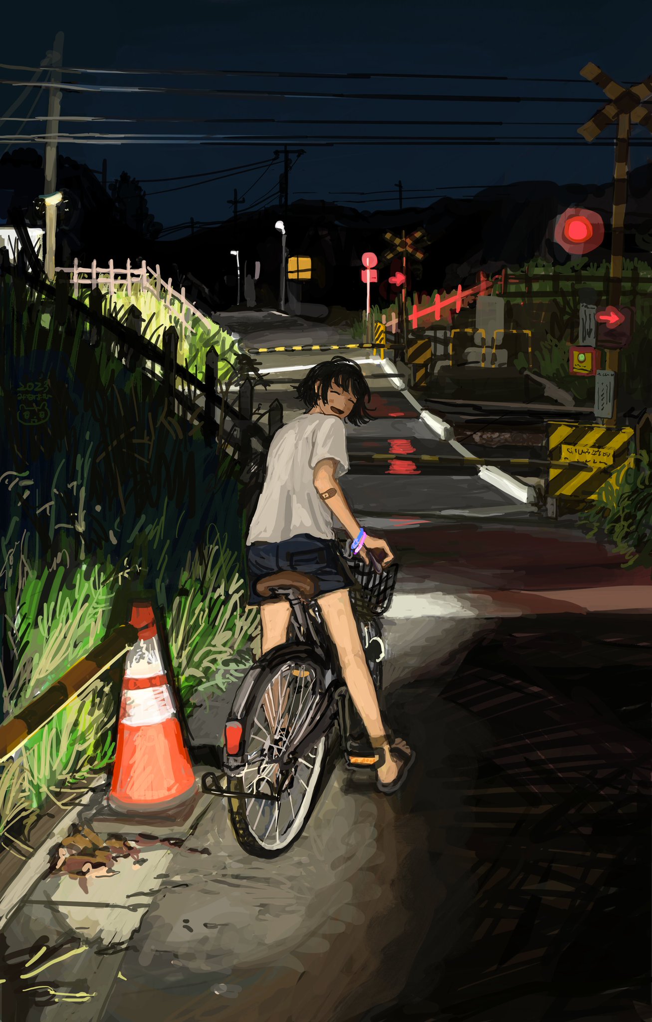 a young woman is waiting at a railroad crossing at night.  she is riding a dark colored bicycle and is looking over her shoulder to see if a train is coming. the image has a dark and moody atmosphere.  there is a red warning light flashing in the background indicating that a train is about to cross.