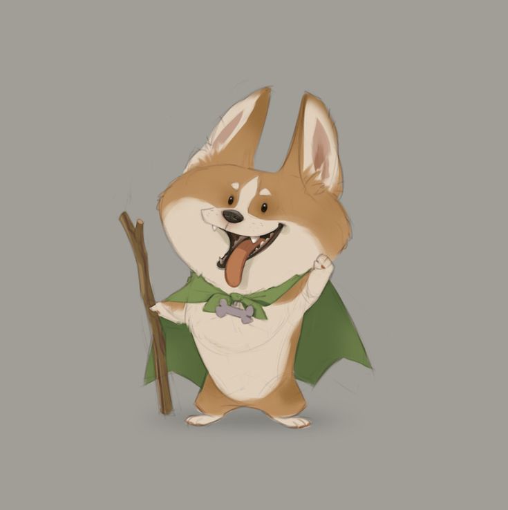 a cartoon drawing of a corgi dog wearing a green cape with a boneshaped clasp. the dog is holding a stick and has its tongue hanging out with a wide smile.
