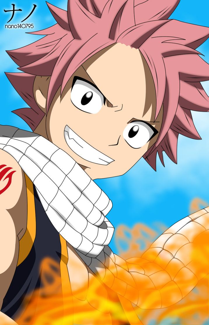 this is a digital drawing of natsu dragneel, a character from the popular anime and manga series fairy tail. he's a dragon slayer who uses fire magic. natsu is shown smiling and determined, with his right arm engulfed in fire, ready to unleash his power. the background features a bright blue sky with white clouds.