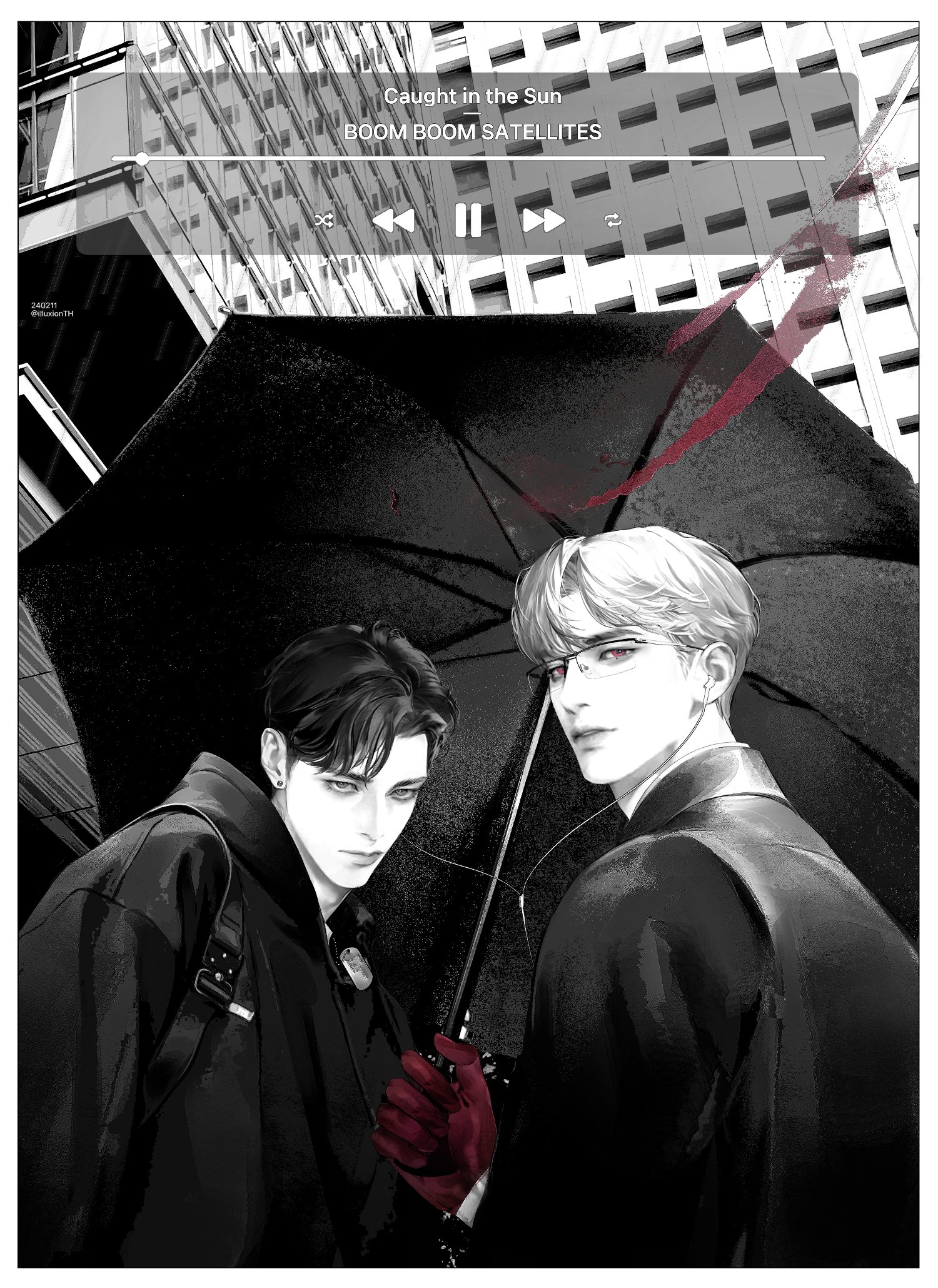 this image depicts a scene from a manga or anime story. it features two young men, both dressed in fashionable dark clothing, standing sidebyside. they appear to be a couple, and one of them holds a black umbrella. the background suggests an urban setting, with buildings and streets visible. the overall tone of the image is romantic and melancholic. the vibrant red accents on the umbrella, gloves, and background add a touch of drama and intrigue to the image. the artists used the black and white scheme to highlight the details of the character and the setting.