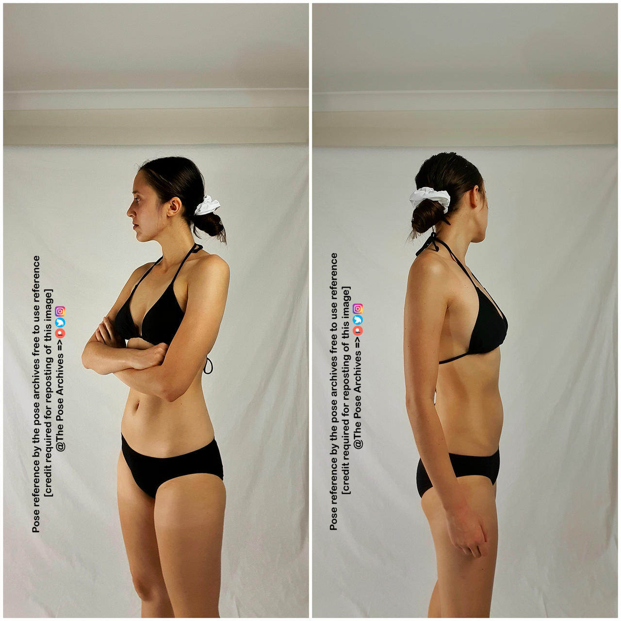 a woman in a black bikini stands against a white backdrop, providing a side and front view for artists to use as a reference. the soft lighting and neutral background emphasize her pose and form.