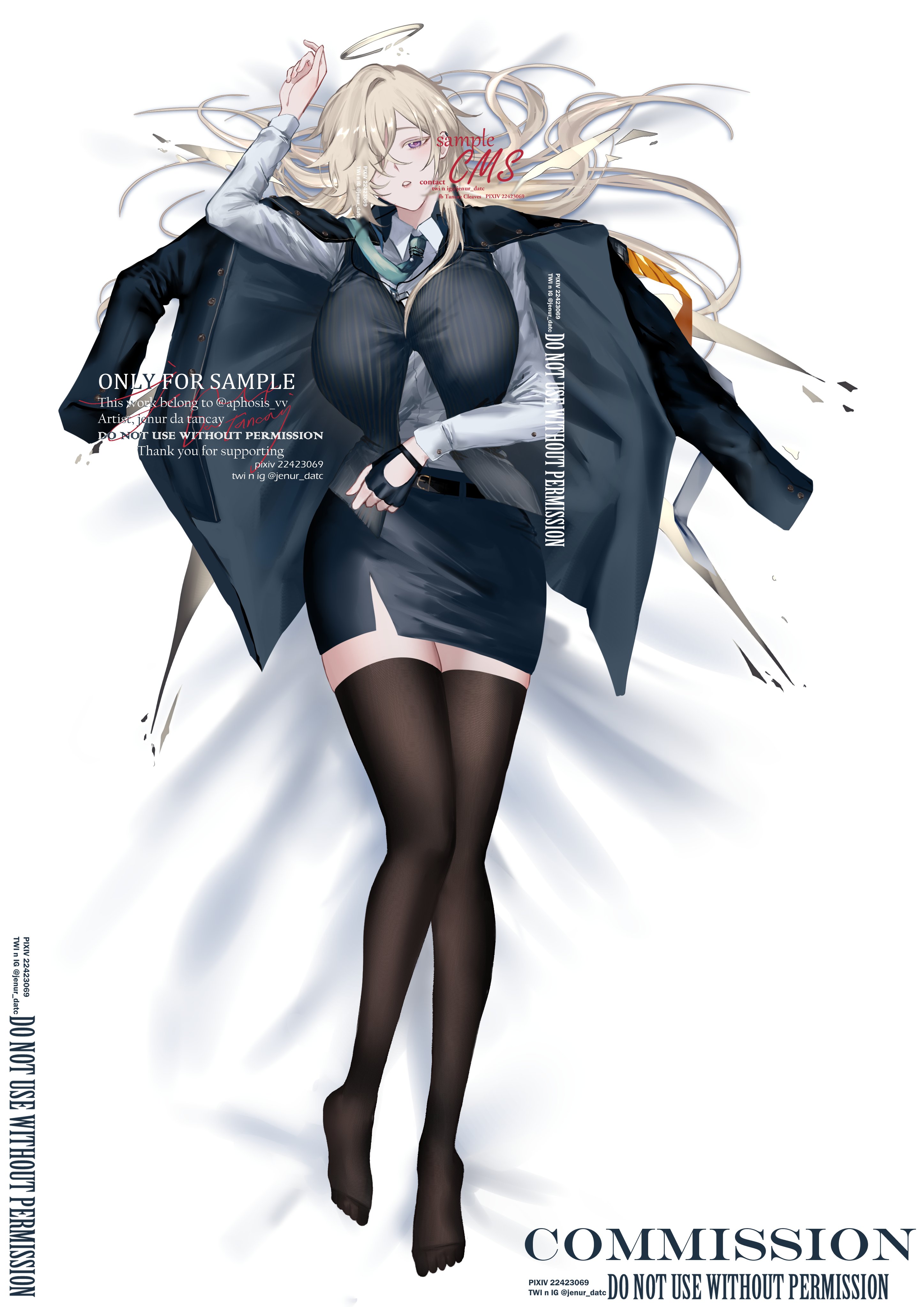 this is a digital illustration of an anime girl with black hair and black eyes. she has a halo over her head and is wearing a white dress with black stockings and boots. she appears to be in a dreamy or ethereal setting, and her wings are partially visible behind her. the image is labeled as a "commission" and the artist has requested that it not be used without permission.