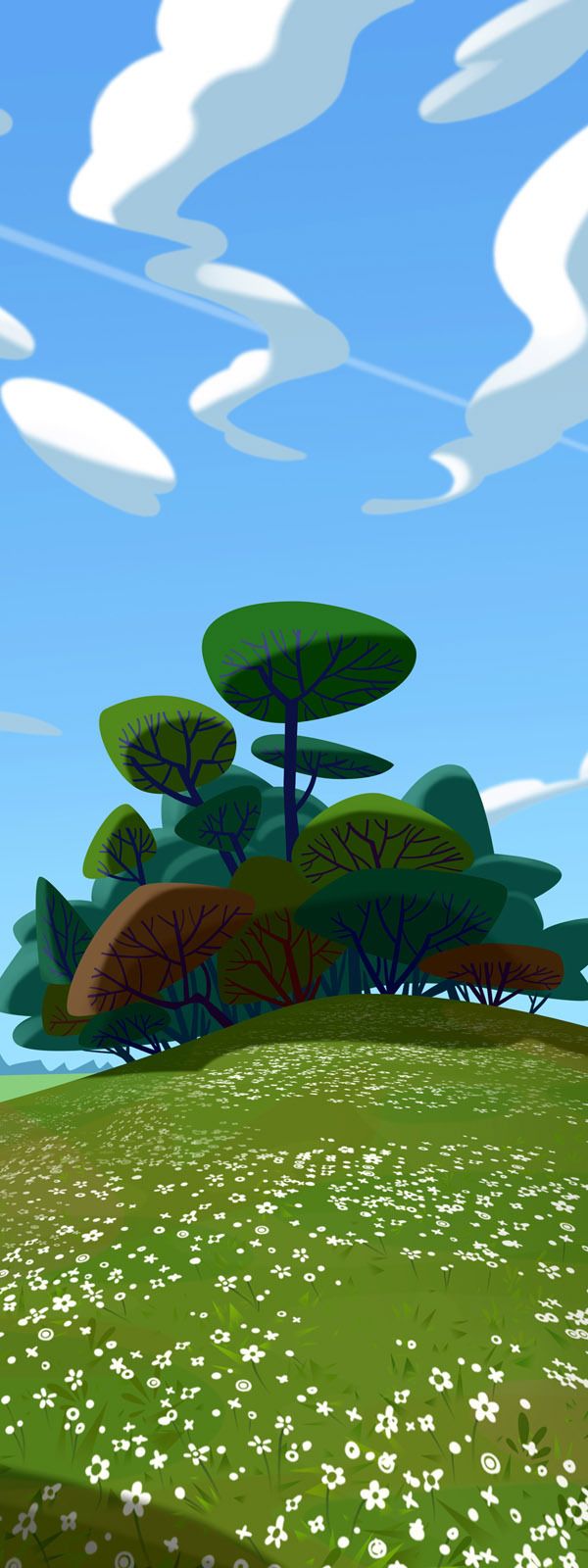 a cartoon illustration of a green hill covered in white flowers, with a cluster of trees in the center. the trees have a whimsical, rounded shape. the sky is blue with puffy white clouds. the overall style is bright and cheerful.