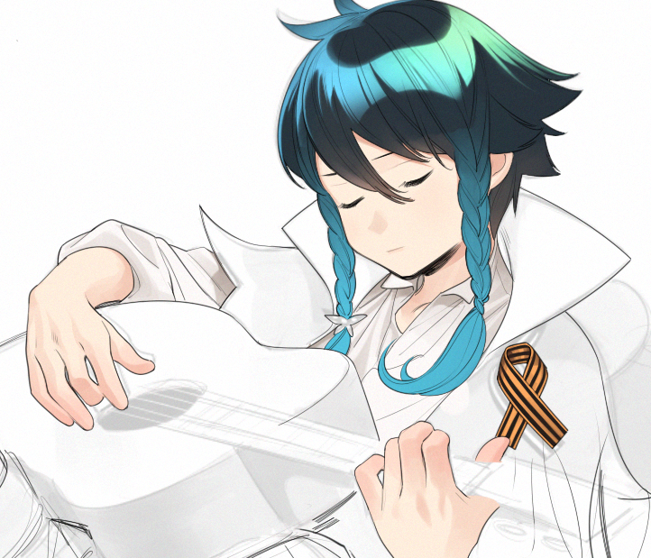 this is a sketch of an anime boy with blue and green hair styled in two braids playing a white acoustic guitar. he is wearing a white collared shirt with an orange and black striped ribbon pinned to it. he has his eyes closed as if concentrating on the music.