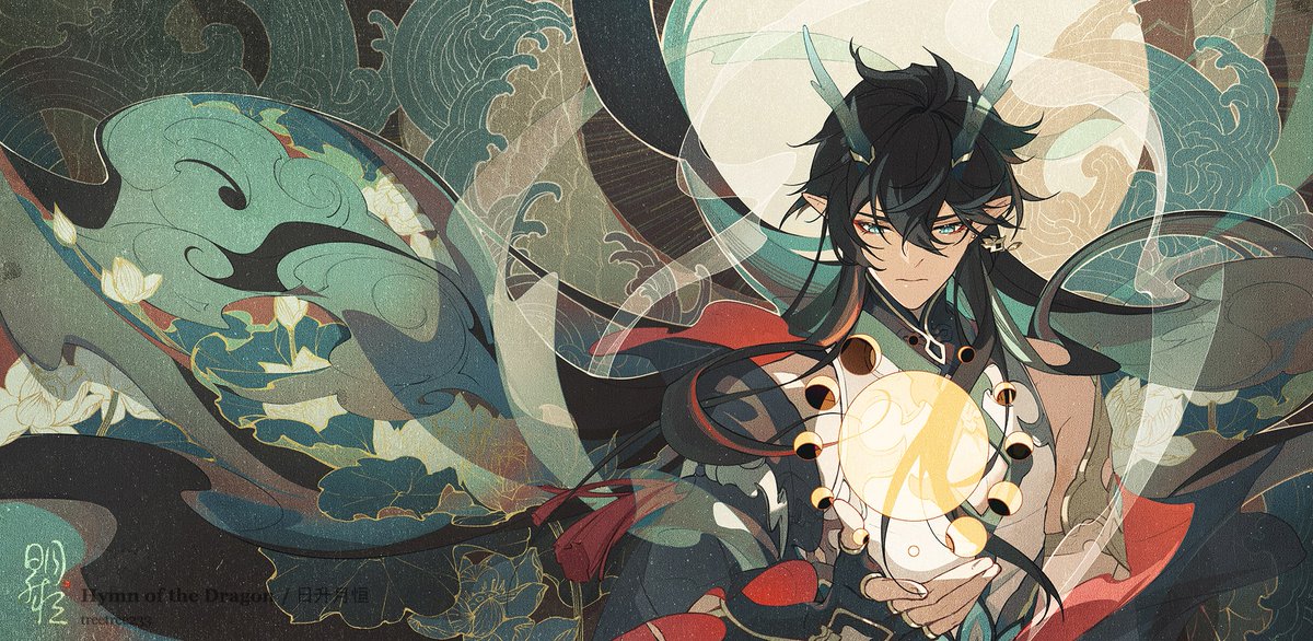 this image is a fantasy art piece that features a male anime character in an ornate, mystical setting. the character is dressed in a flowing robe and has long black hair with hints of blue, as well as blue eyes and a small jewel earring. he is holding a glowing yellow orb in his hand, with intricate patterns surrounding the orb, suggestive of some kind of enchantment. the character is surrounded by an elaborate background of flowing blue and green water patterns, flowers, and more ornate details, creating a sense of magic and mystery.
