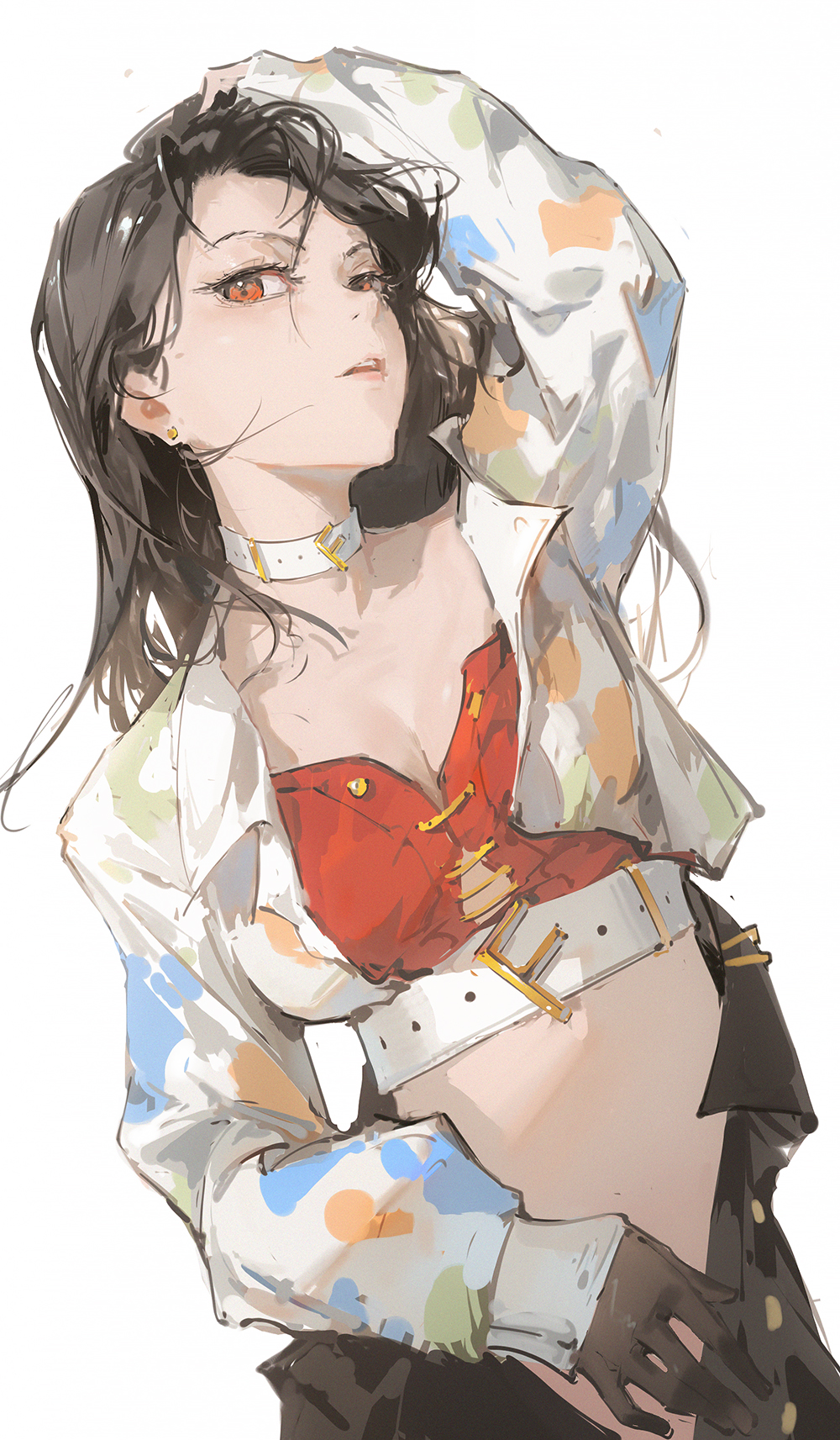 this is a digital art portrait of an anime girl wearing a white shirt with blue and orange designs, a red top with gold accents, and black pants. she's standing with her arm around her shoulder and looking at the camera.