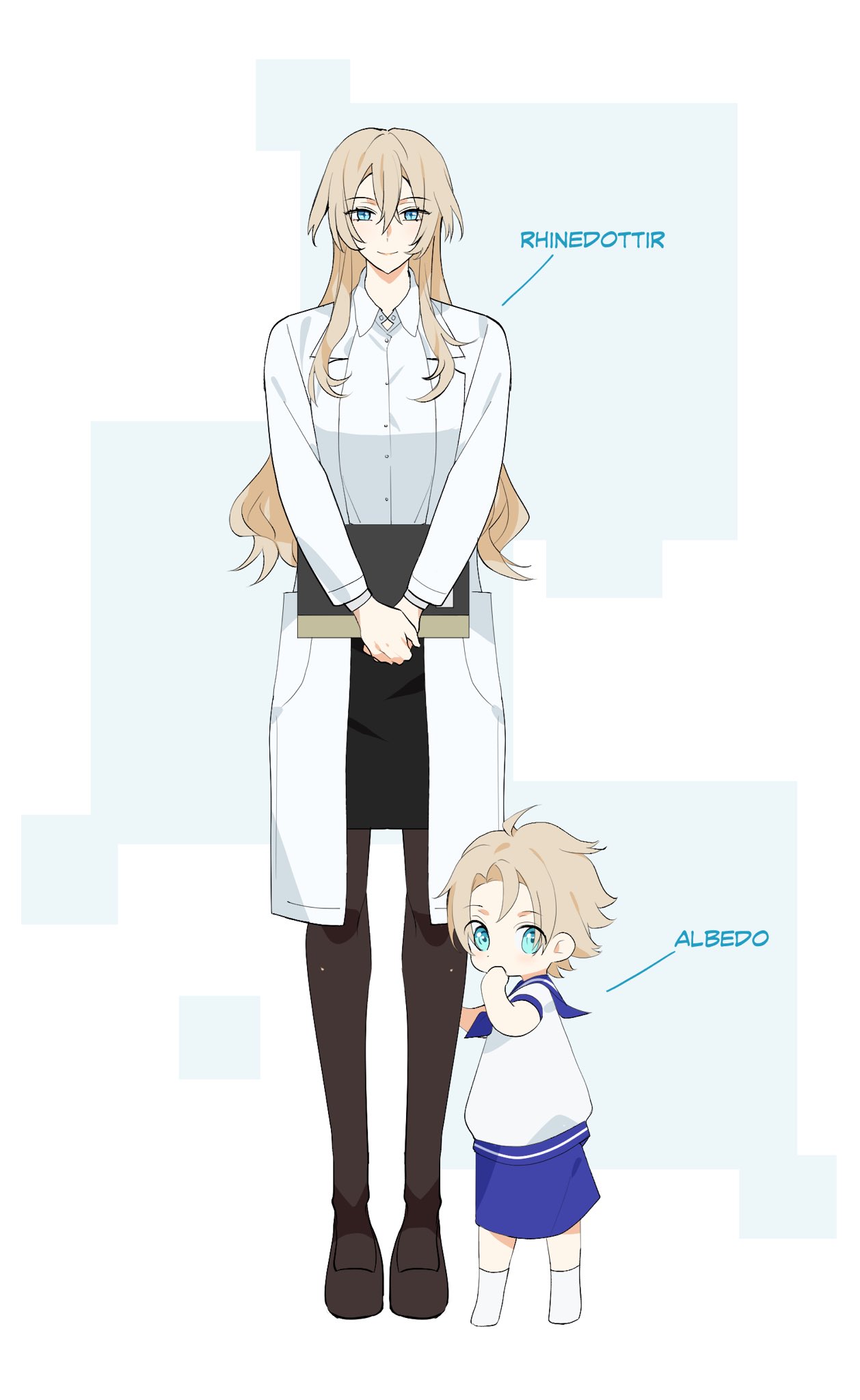 an animestyle drawing of two girls. the taller girl is wearing a white lab coat, a black skirt, black tights, and black shoes. she has long blonde hair and blue eyes. she is holding a black book in her hands. the shorter girl is wearing a white shirt, a blue sailor dress, and white shoes. she has short blonde hair and blue eyes. the taller girl is labeled "rhinedottir" and the shorter girl is labeled "albedo". they are standing side by side.