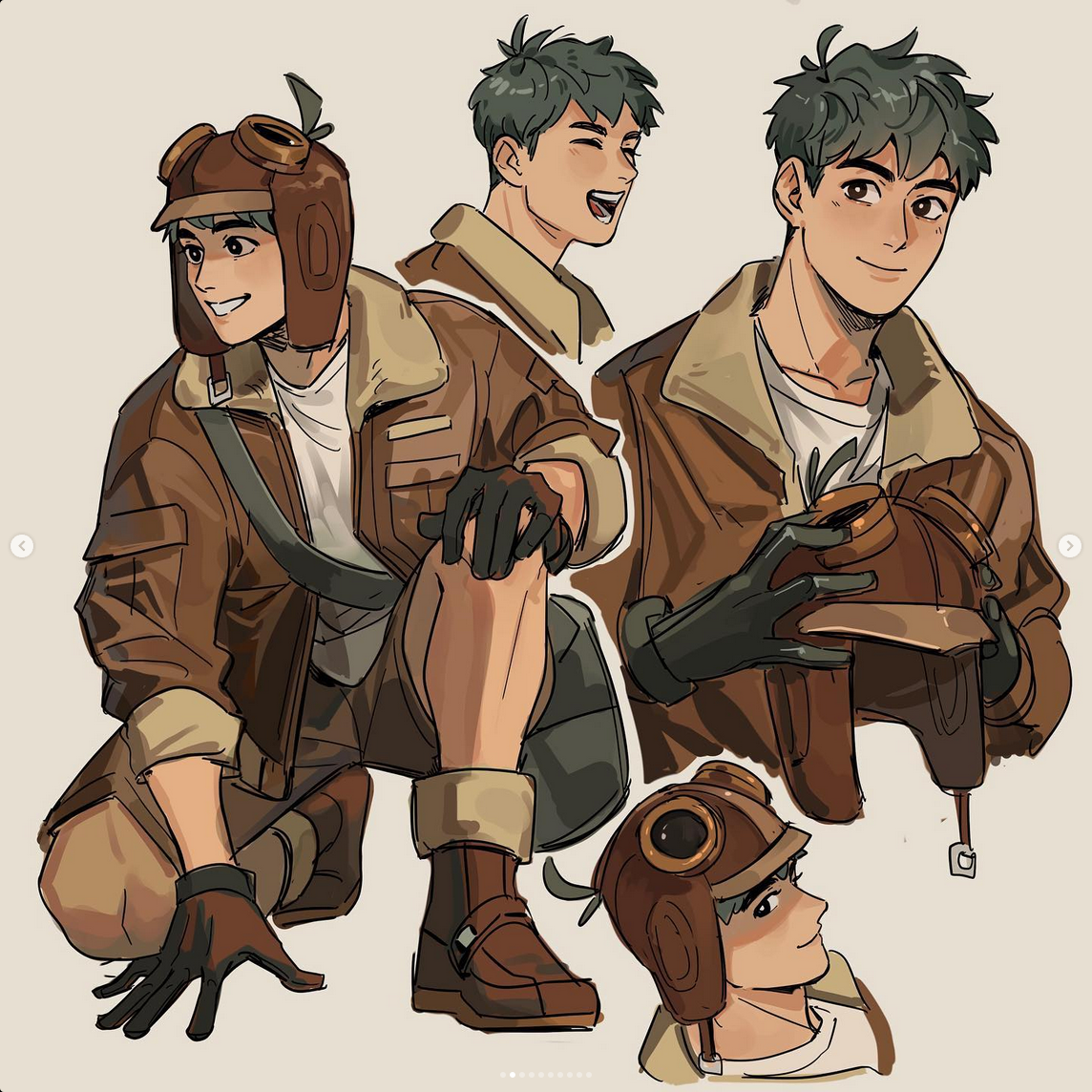 a digital illustration showcasing various angles and expressions of a young man dressed as a pilot. he is sporting a vintage brown bomber jacket, beige shorts, and a brown leather aviator helmet with goggles. the art style is loose and expressive, capturing the character's charm.