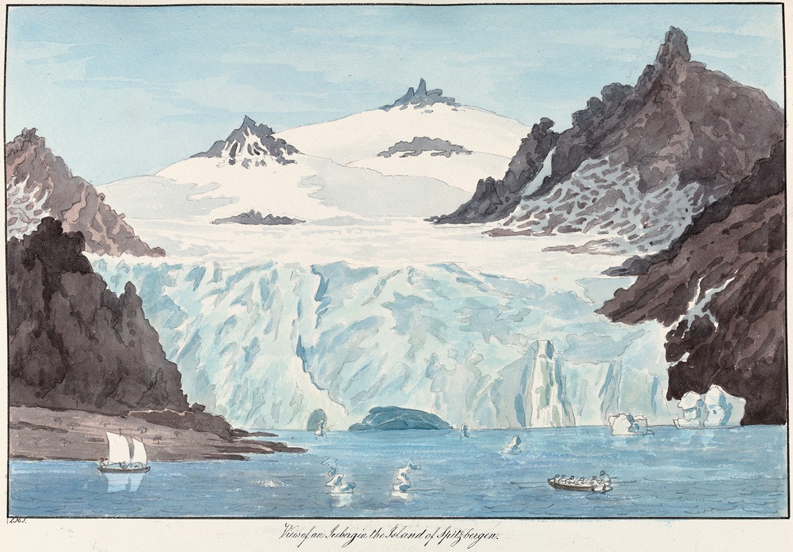 watercolor painting depicting a dramatic arctic landscape with a large glacier extending down to the sea. jagged, dark mountains flank either side of the glacier, while snowcovered peaks rise in the background. several boats are visible in the water, including sailing vessels and a rowing boat. icebergs dot the sea, and the coastline appears rugged. the artwork captures the stark beauty and challenging environment of the arctic region.