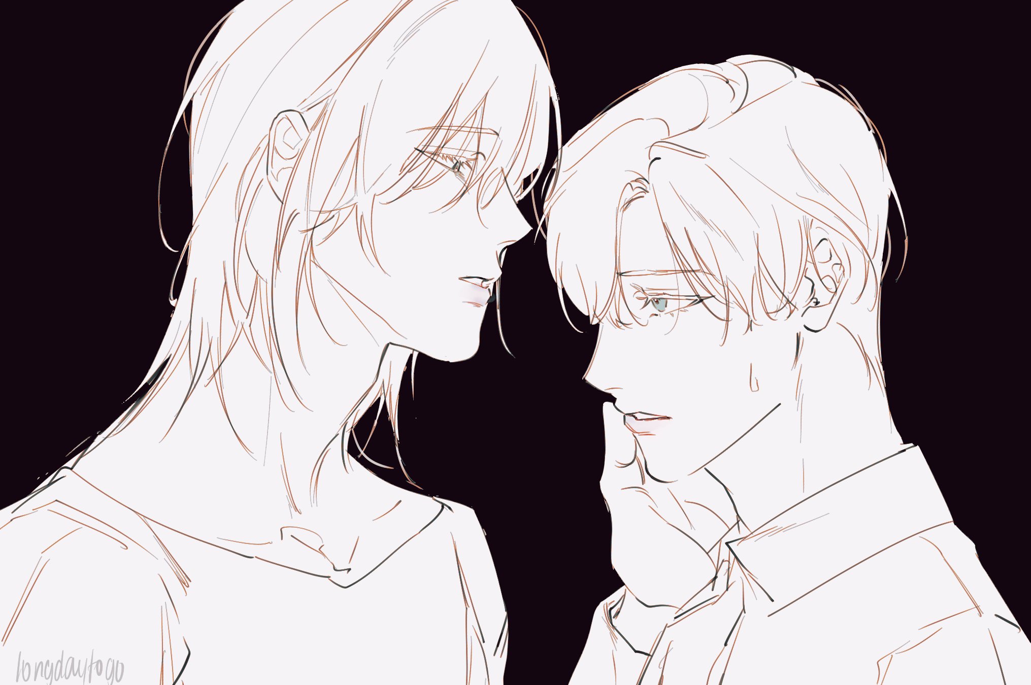 he image is a beautiful line drawing of two animestyle boys. they are very close together, their faces almost touching.  the boy on the left has long hair, while the boy on the right has shorter hair. the style is delicate and elegant, with soft lines and shading. the background is black, making the white line art pop. the overall mood is romantic and intimate, with a hint of sadness or contemplation in their expressions. the artist's signature is visible in the bottom left corner.