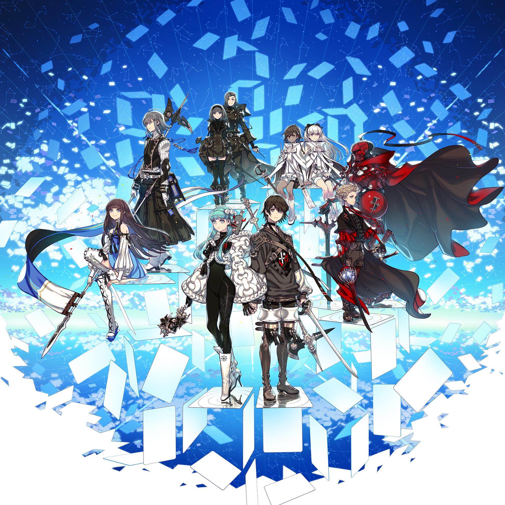 the image showcases a group of eight stylized animestyle characters, likely from a video game, positioned against a backdrop of a bright blue sky filled with white, fragmented clouds. each character boasts unique attire and weaponry, suggesting different classes or roles within the game. the characters are brightly lit, standing on translucent platforms that further emphasize the celestial setting.  the overall composition, bright colors, and dynamic poses convey a sense of adventure and fantasy.