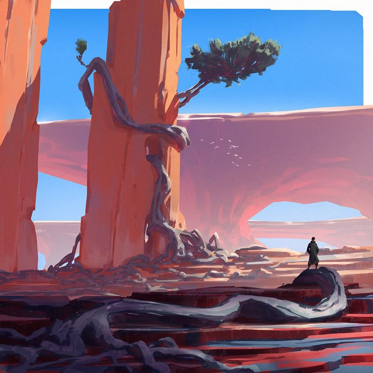 the image depicts a desert landscape with towering sandstone rock formations, including a large arch in the background. a twisted tree clings to one of the rock pillars. a solitary figure stands on a higher rock, looking out over the barren expanse. a group of birds fly in the distance. the style resembles a digital painting.