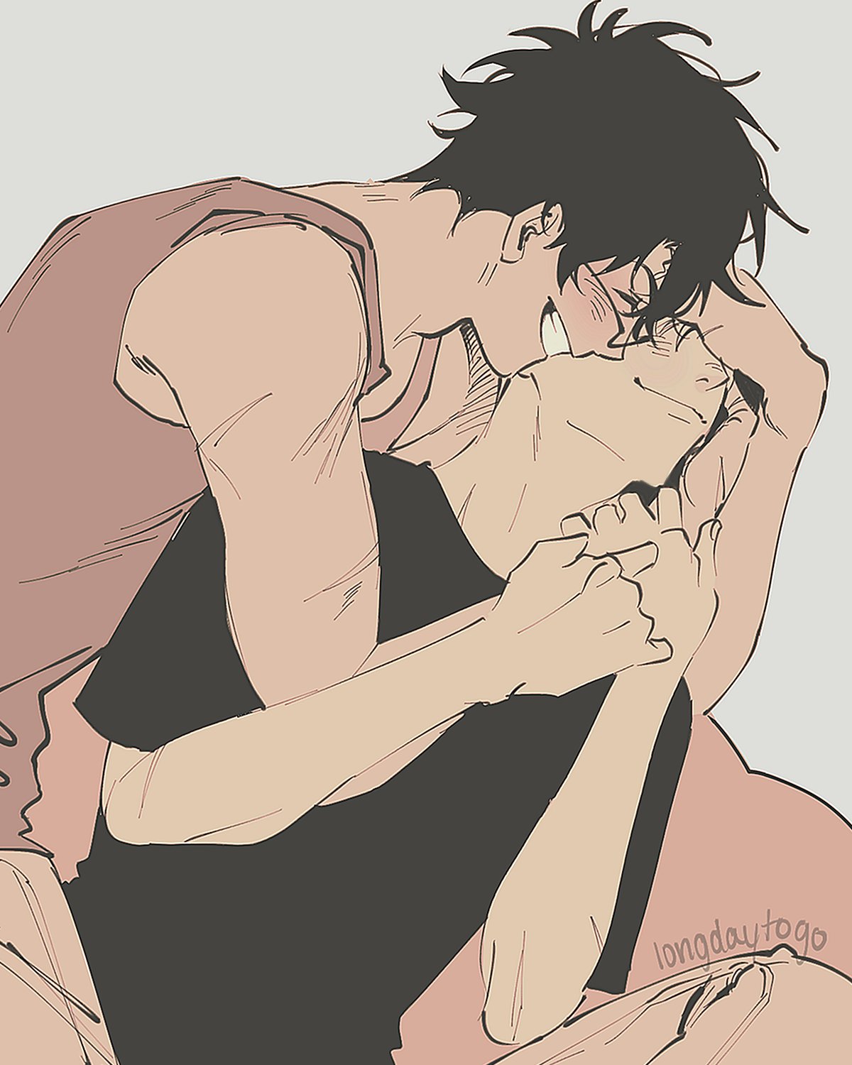 the image is an animestyle drawing of two young men embracing. the man on top has dark hair and is wearing a sleeveless shirt, while the man on the bottom has shorter hair and is wearing a dark shirt. they are holding each other closely, and the man on top is smiling while looking down at the other man. the overall style is soft and romantic, with pastel colors and gentle lines. the scene depicts a strong feeling of affection and intimacy between the two men.