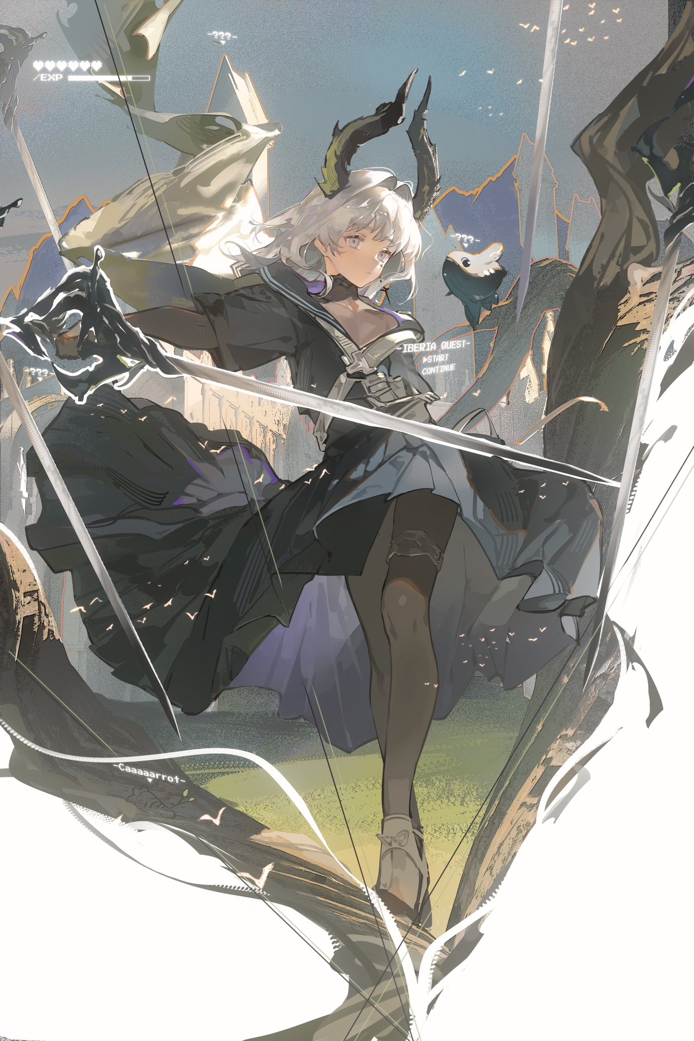 the image showcases a female character, likely from a video game or anime, in a dynamic action pose. she has white hair, horns, and dark feathered wings.  she wields two swords, her expression determined as if caught midbattle. she stands on a broken structure with hints of a fantastical cityscape in the background. a small dragonlike creature perches on her back. the art style leans towards fantasy with a soft color palette and dramatic lighting.