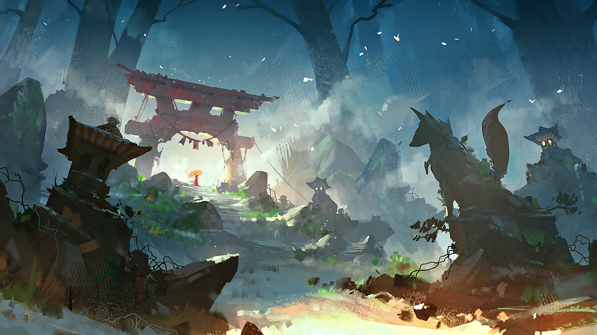 the digital painting depicts a mystical scene of ruined japanese architecture nestled within a misty forest.  a torii gate, partially decayed, stands prominently, with smaller shrines and stone structures scattered around it, appearing overgrown with moss and vegetation.  two fox statues guard the scene, adding to the mystical atmosphere. a small figure in a red robe is visible in the distance, adding a sense of scale and human presence to the ancient, serene setting. the overall palette is muted and atmospheric, with cool blues and greens dominating the sky and background, creating a tranquil yet slightly melancholic mood.  the style suggests a blend of japanese aesthetics and fantasy elements.