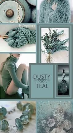 this collage showcases a variety of beautiful and delicate textures and patterns in shades of dusty teal. from soft knitted fabric and luxurious fur to vintage jewelry and blooming flowers, the images evoke a sense of tranquility and sophistication. the inclusion of a young woman in a teal sweater adds a touch of elegance and grace.