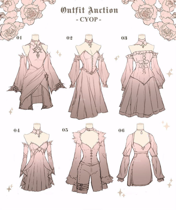 the image showcases six different outfit designs, primarily dresses, in a soft pink palette. each design, numbered from 01 to 06, offers a unique silhouette and detailing, inviting viewers to "choose your own palette" (cyop) for a personalized touch. this suggests the image is intended for a fashion auction or design challenge.