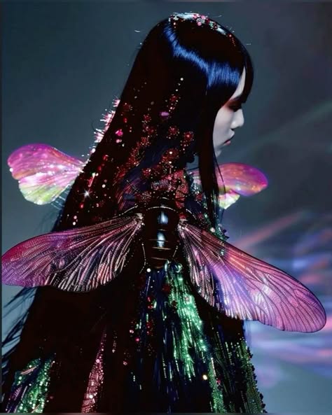 a woman with long black hair adorned with iridescent sequins is wearing a dark, intricate dress with a large, iridescent insect wing attached to her shoulder. the wing is reminiscent of a butterfly and is the focal point of the image. the woman's expression is somber and her gaze is directed down, adding to the mysterious and ethereal feel of the shot. the background is a blurry, dark blue and purple, further enhancing the dreamlike quality of the image. this is a stylish and artistic portrait of a woman with a unique and captivating aesthetic.