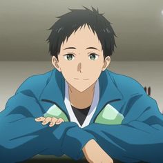a lighthearted, anime portrait of a young man with dark hair and green eyes. he is wearing a blue and green athletic jacket and is smiling gently. the image's soft lighting and color palette contribute to a sense of warmth and approachability.
