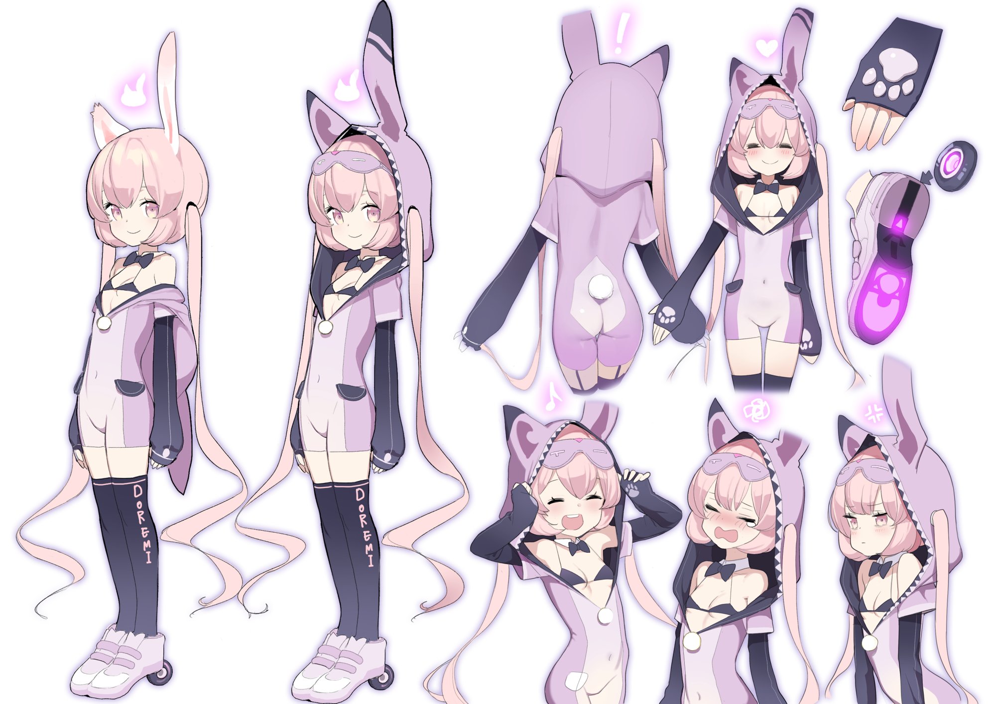 this is a colorful illustration of an anime girl in a bunny ear outfit, in a variety of poses. she has pink hair, big eyes, and a sweet smile. the background is white with a few pink and purple accents.