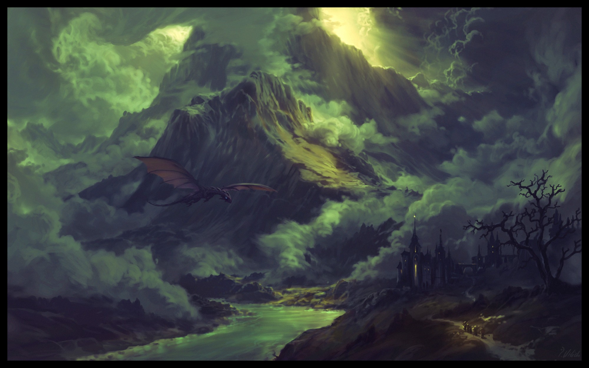 a majestic mountain dominates the background, its peak shrouded in swirling clouds that glow with an eerie, otherworldly light. a fearsome dragon, wings outstretched, soars through the turbulent sky. in the foreground, a winding river reflects the greenish glow of the sky as it flows towards a distant, imposing castle nestled at the foot of the mountain. a group of small figures can be seen on a path leading towards the castle, their silhouettes tiny against the vastness of the landscape. the overall atmosphere is one of foreboding and wonder, hinting at both the beauty and the danger that this fantasy world holds.