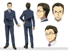 this is a character design sheet for an anime character. the character is a man with short brown hair and glasses. he is wearing a blue suit, a white shirt, and a red tie. the sheet shows the character from different angles, including front, back, side, and 3/4 views. it also includes closeups of his face. the background is white.