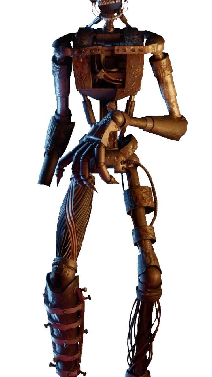 the image shows the lower body of a dilapidated, skeletal robot, likely an endoskeleton from the game five nights at freddy's. its metallic frame is heavily worn, exposing wires and inner mechanisms. the robot's pose suggests a menacing stance, hinting at its potential for movement and danger. the lighting is dramatic, casting deep shadows and highlighting the metallic textures of the figure.