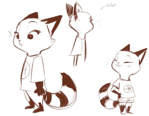 a sketch illustration of an anthropomorphic raccoon wearing a tshirt with a basketball graphic. there are three different poses of the raccoon, with one labeled "older." the raccoon has a striped tail and catlike features.