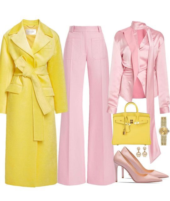 the image displays a stylish outfit consisting of a bright yellow coat with a tie belt, paired with light pink wideleg pants and a matching pink satin blouse. the accessories include a yellow handbag, pink high heels, a gold watch, and earrings, creating a coordinated and fashionable ensemble.