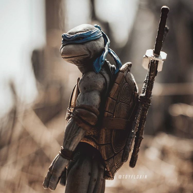 a closeup studio shot of a teenage mutant ninja turtles leonardo action figure. leonardo has a blue bandana tied around his head and a determined look. he has his katana swords strapped to his back with his turtle shell armor. his arm and hand are visible in the foreground. the background is blurred. the image is labeled with @toyfloxin.