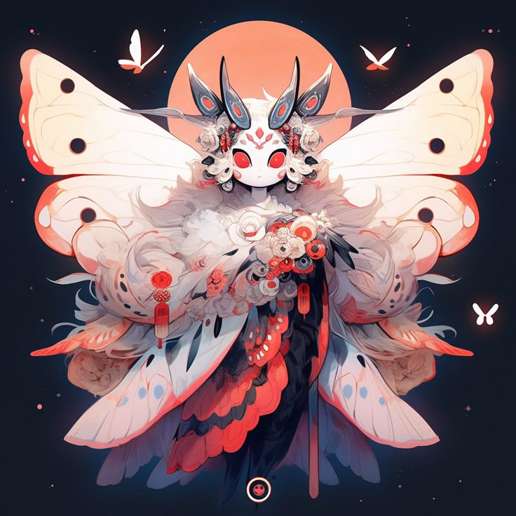 a fantasystyle illustration of a mothlike character with large, white wings adorned with black spots. the character has a white, patterned face with large red eyes and is adorned with flowers and elaborate antennae. the character is wearing a garment with red and black accents, and is surrounded by smaller butterflies and a backdrop of a red moon against a dark background. decorative lanterns are also visible.